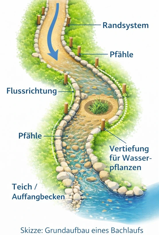 Skizze Bachlauf Aufbau mit Flussrichtung, Randsystem und Pflanzzonen
