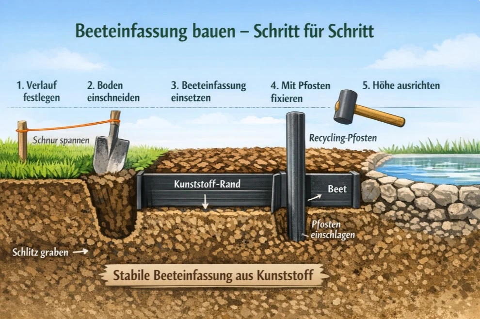 Beeteinfassung aus Kunststoff beim Einbau entlang einer Rasenfläche