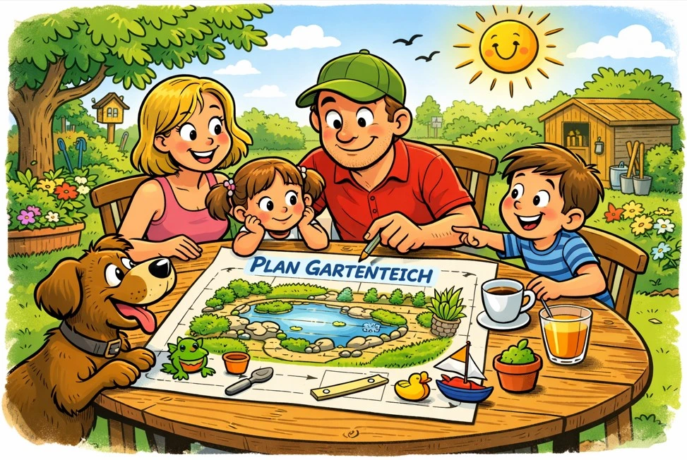 Familie plant gemeinsam einen Gartenteich im Garten