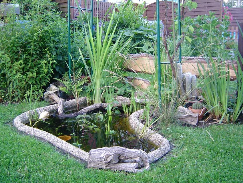Teichrand mit Steinfolie bedeckt