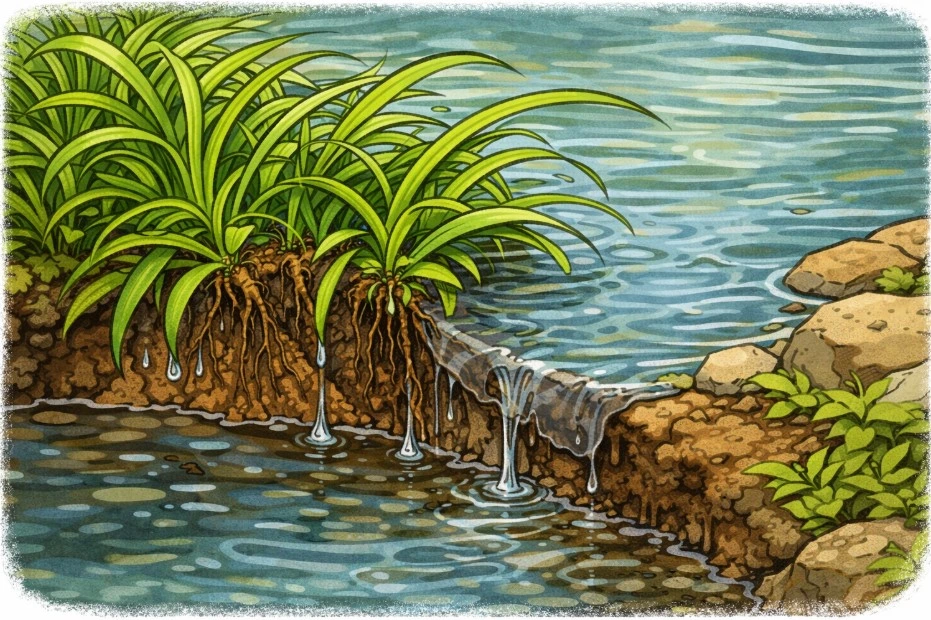 Pflanzen wachsen über den Teichrand und ziehen Wasser aus dem Teich