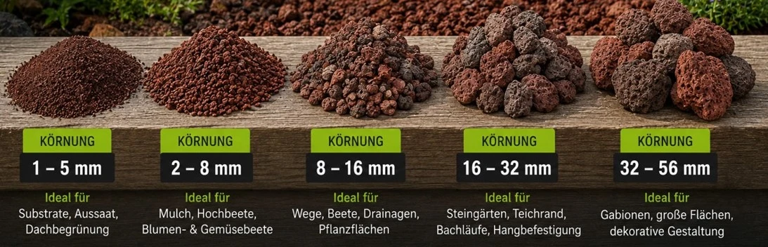 Übersicht der Lavakörnungen von 1–5 mm bis 32–56 mm