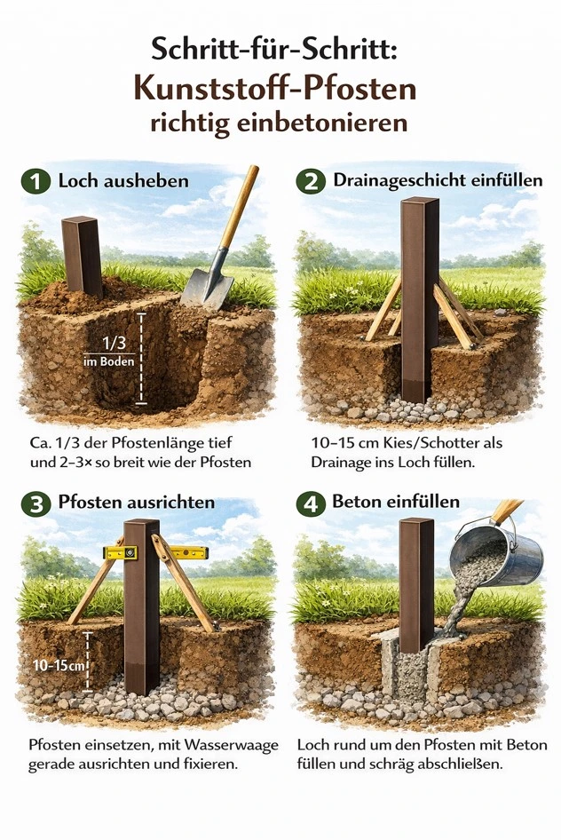 Schritt-für-Schritt: Kunststoff-Pfosten richtig einbetonieren