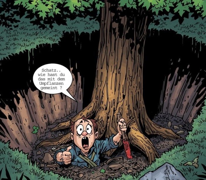 Humorvolle Illustration zum Thema Gartenbau: Mann steckt bis zur Brust im Boden neben einem Baum und fragt, wie das mit dem Umpflanzen gemeint war.