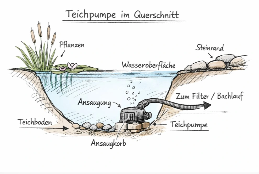 Die Teichpumpe im Teich etwas erhöt plazieren