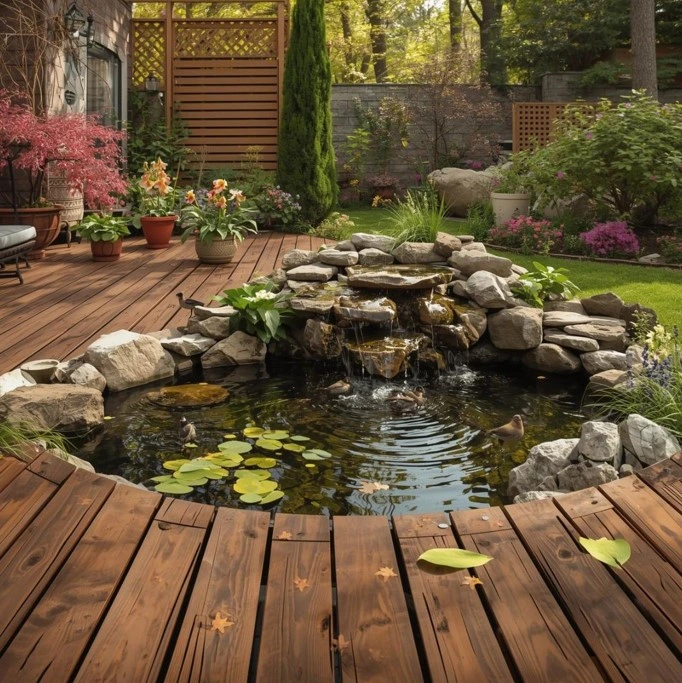 Terasse mit Stegbohlen ,Teichfolie und Natursteine gestalten.